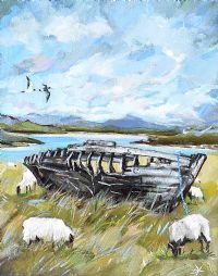 WRECK & SHEEP, INNISHEE, CONNEMARA by Douglas Hutton at Ross's Online Art Auctions