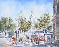 THE CROSSING AT DONEGAL SQUARE WEST, BELFAST CITY HALL by A.D. Johnston at Ross's Online Art Auctions