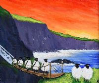 ANDY PATS WANDERING SHEEP VIST CARRICK A REDE ROPE BRIDGE by Andy Pats at Ross's Online Art Auctions
