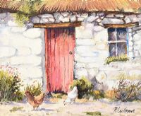 TWO CHICKENS BY THE RED DOOR by Ray Cochrane at Ross's Online Art Auctions
