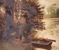 GIRL BEDSIDE LAKE AT DUSK by Jack Cudworth at Ross's Online Art Auctions