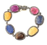 14CT GOLD RUBY, SAPPHIRE AND DIAMOND BRACELET at Ross's Online Art Auctions