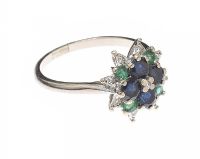 9CT WHITE GOLD SAPPHIRE, EMERALD AND DIAMOND RING at Ross's Online Art Auctions