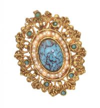 GOLD-TONE SEED PEARL AND TURQUOISE BROOCH at Ross's Online Art Auctions