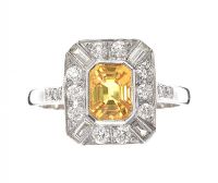 PLATINUM YELLOW SAPPHIRE AND DIAMOND RING IN THE STYLE OF ART DECO at Ross's Online Art Auctions