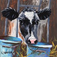 COW BY THE BLUE BUCKETS by Ronald Keefer at Ross's Online Art Auctions