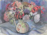 STILL LIFE, HYDRANGEAS SEDUM & PHYGELIUS IN A JUG by Hilary Bryson at Ross's Online Art Auctions
