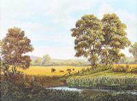 CATTLE GRAZING BY A RIVER by David Ward at Ross's Online Art Auctions