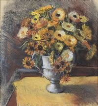 STILL LIFE, MARIGOLDS IN VOLUNTEER CUP by Hilary Bryson at Ross's Online Art Auctions