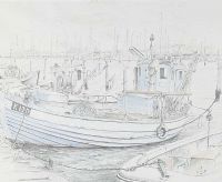 FISHING BOAT TIED UP by Beatrice Corcom at Ross's Online Art Auctions