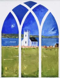 CHURCH AT BALLINTOY ON THE ANTRIM COASTLINE VIEWED THROUGH A WINDOW by Sean Lorinyenko at Ross's Online Art Auctions