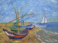 FISHING BOATS ON THE BEACH AT SAINTES, MARIES AFTER VINCENT VAN GOGH by Sean Lorinyenko at Ross's Online Art Auctions