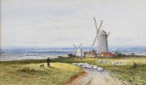 DRIVING SHEEP NEAR THE WINDMILLS by English School at Ross's Online Art Auctions