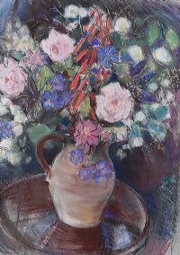 STILL LIFE, ROSES, BLUE GERANIUMS & PHYGELIUS IN A EARTHENWARE JUG by Hilary Bryson at Ross's Online Art Auctions