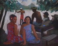 TAHITIAN SCENE, SITTING GIRLS by Hilary Bryson at Ross's Online Art Auctions