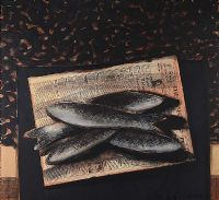 TABLE TOP STILL LIFE, FOUR FISH ON THE IRISH TIMES, AUGUST 5TH 1987 by Neil Shawcross RHA RUA at Ross's Online Art Auctions