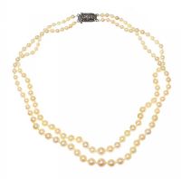 DOUBLE STRAND OF CULTURED PEARLS WITH STERLING SILVER CLASP at Ross's Online Art Auctions