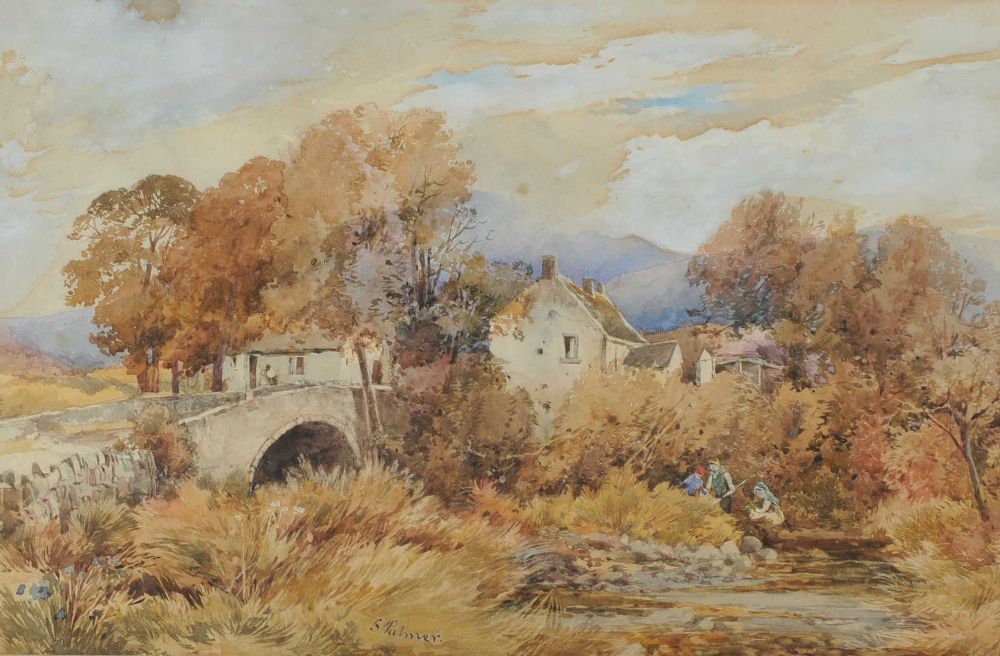 FISHING BY THE BRIDGE by S. Palmer at Ross's Online Art Auctions