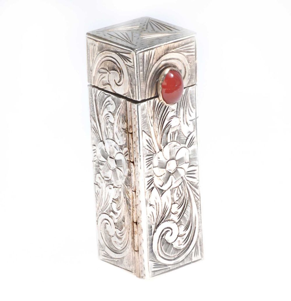 ENGRAVED SILVER LIPSTICK CASE WITH GEMSTONE AND MIRROR