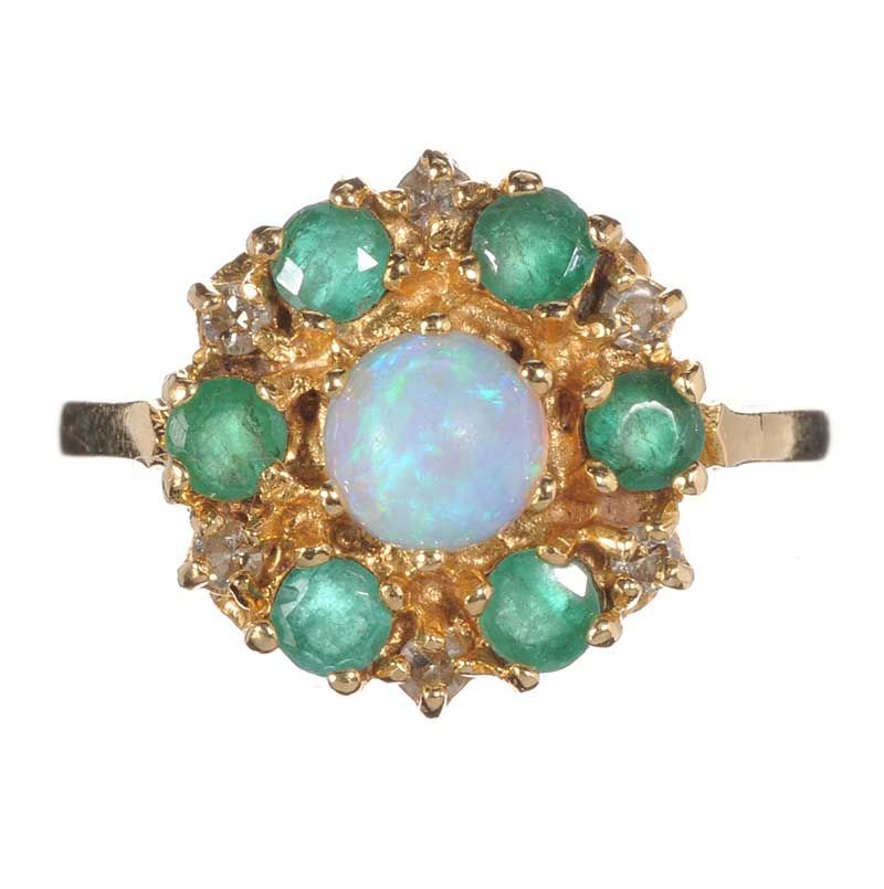 18CT GOLD FIRE OPAL, EMERALD AND DIAMOND CLUSTER RING