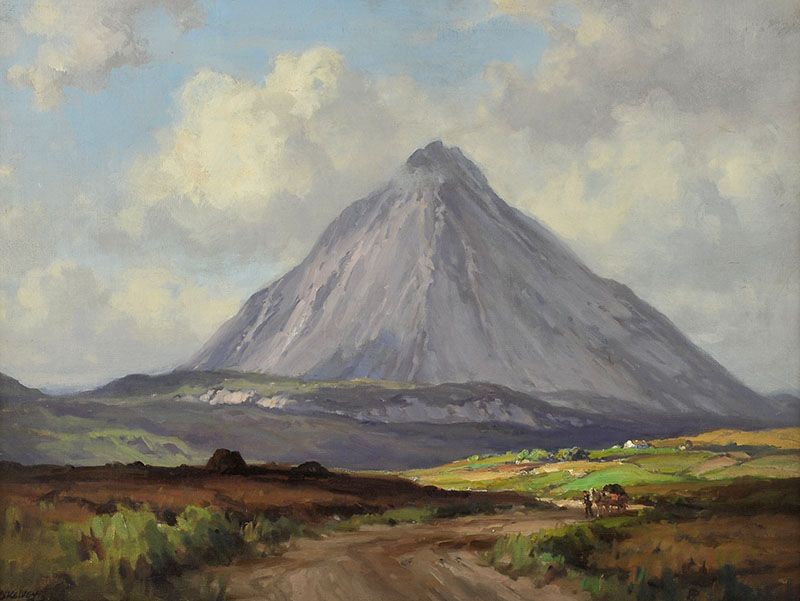 TURF CART ON THE ROAD BESIDE ERRIGAL, DONEGAL by Frank McKelvey RHA RUA at Ross's Online Art Auctions