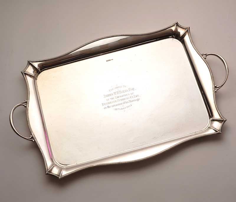 ENGRAVED SILVER TWO HANDLE TRAY, SHEFFIELD 1931 at Ross's Online Art Auctions