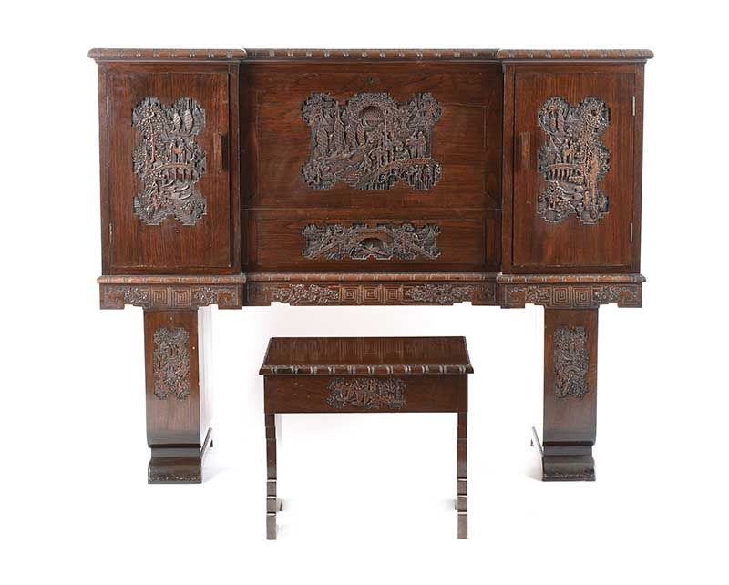 Carved Oriental Writing Desk And Stoll