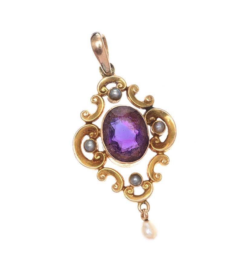 GOLD AMETHYST AND SEED PEARL PENDANT at Ross's Online Art Auctions