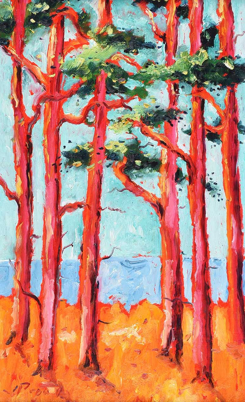 SIX TREES BY THE SHORE by Trevor Brown at Ross's Online Art Auctions