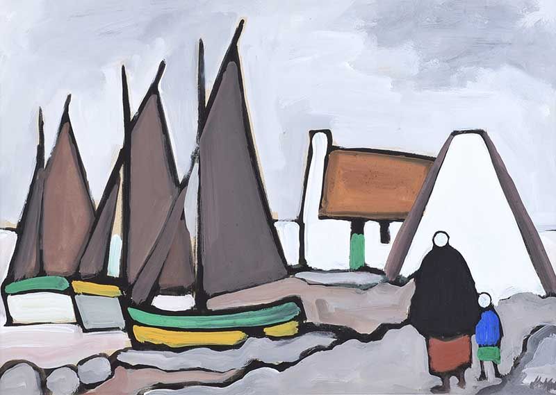 IRISH COTTAGE & FISHING BOATS by Markey Robinson at Ross's Online Art Auctions