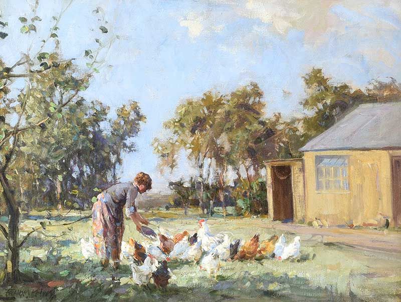 FEEDING CHICKENS IN THE GLENS by Frank McKelvey RHA RUA at Ross's Online Art Auctions