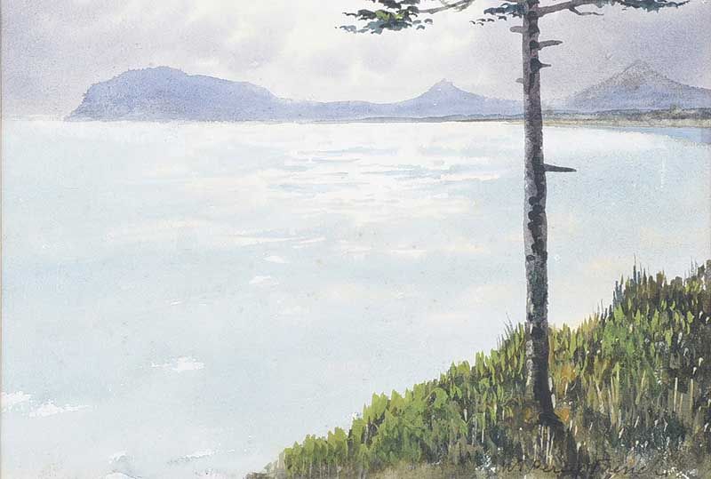 TREE BY THE SHORE WITH DISTANT MOUNTAINS by William Percy  French at Ross's Online Art Auctions