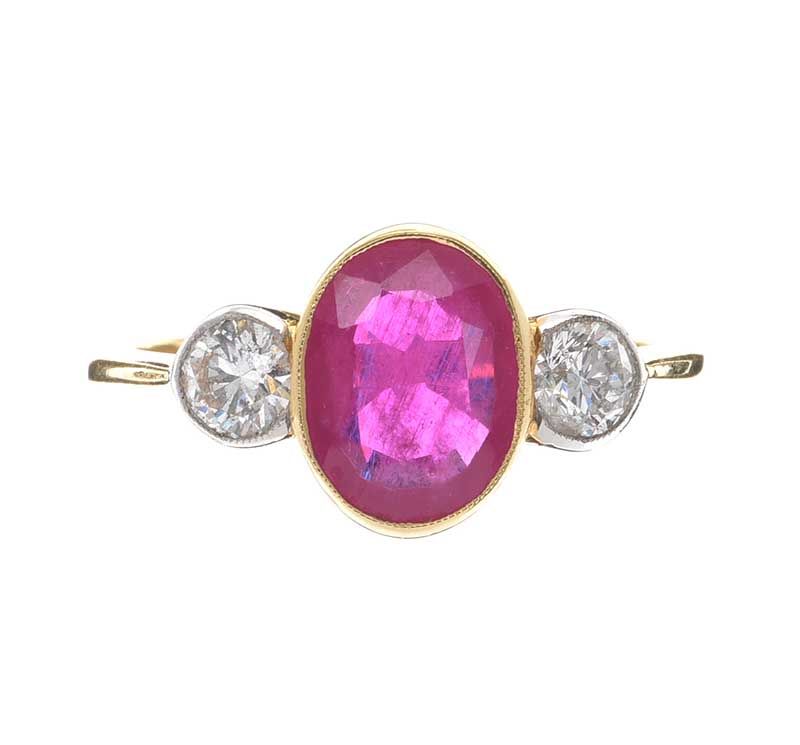 18CT GOLD RUBY AND DIAMOND THREE STONE RING at Ross's Online Art Auctions
