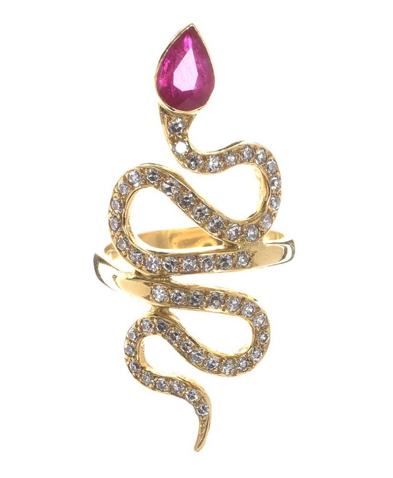 14CT GOLD RUBY AND DIAMOND SNAKE RING at Ross's Online Art Auctions