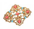 GOLD-TONE CORAL, TURQUOISE AND SEED PEARL BROOCH at Ross's Online Art Auctions