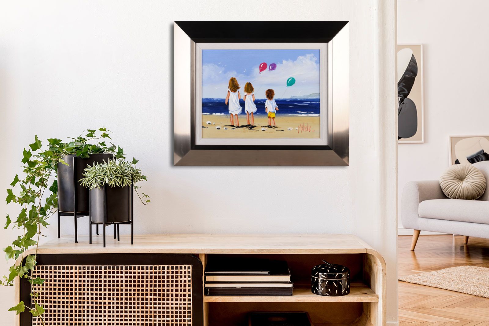 ON THE BEACH WITH BALLOONS by Michelle Carlin at Ross's Online Art Auctions