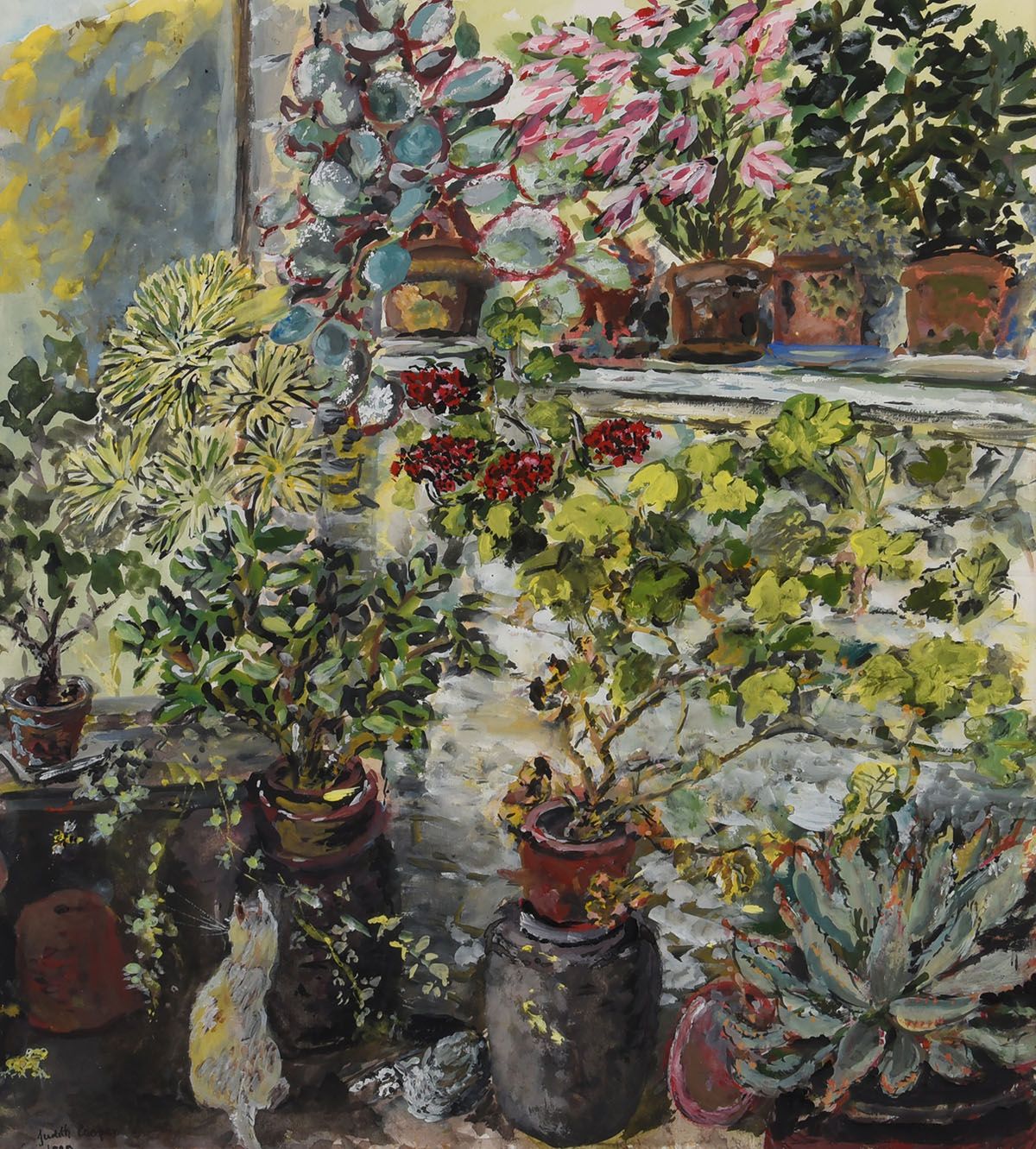 CATS BY THE POTTED PLANTS by Judith Cooper at Ross's Online Art Auctions