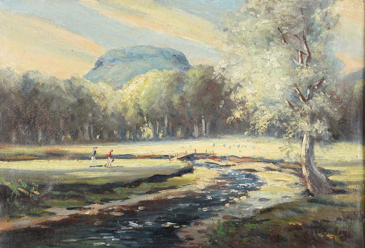CUSHENDALL GOLF COURSE WITH LURIG IN THE DISTANCE by Charles McAuley at Ross's Online Art Auctions