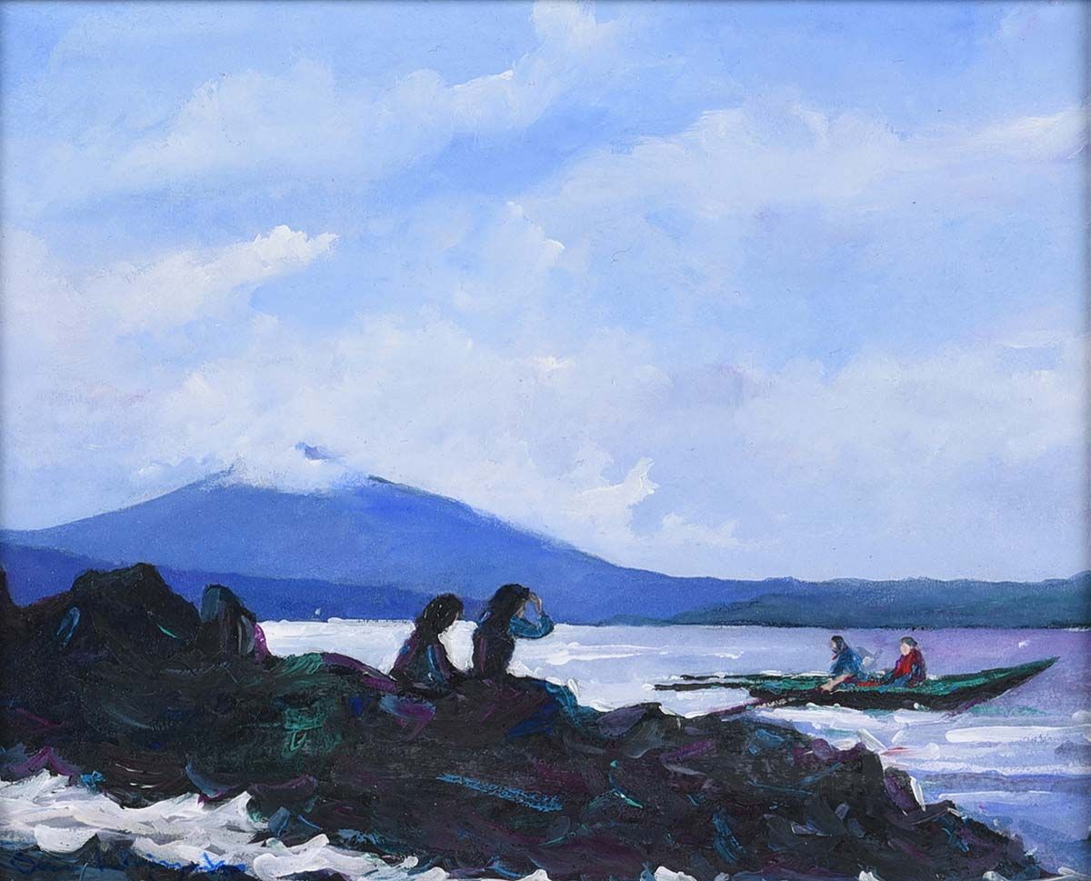 A COUPLE SITTING ON THE ROCKS AT DOWNINGS by Sean Lorinyenko at Ross's Online Art Auctions