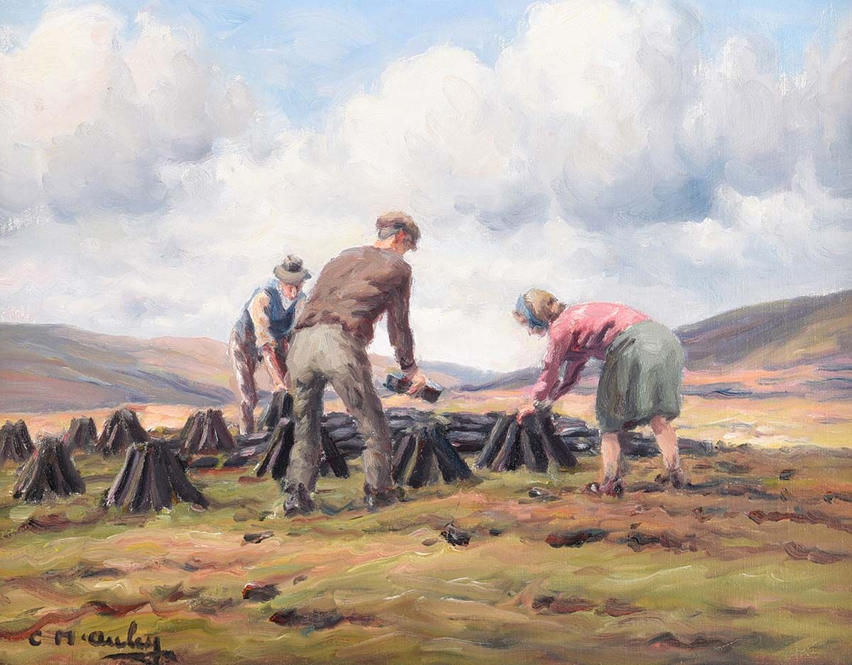 STACKING TURF IN THE GLENS by Charles McAuley at Ross's Online Art Auctions