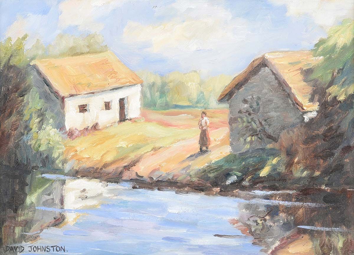 COTTAGE BY A RIVER by David Johnston at Ross's Online Art Auctions