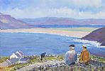 FARMERS VIEW OF TRA NA ROSSAN COTTAGES WITH A CYCLISTS ON THE DRIVE by Sean Lorinyenko at Ross's Online Art Auctions