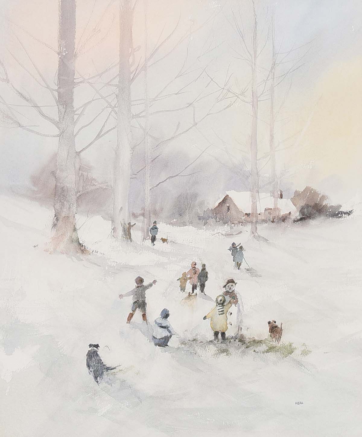 CHILDREN PLAYING IN THE SNOW by Tom Kerr at Ross's Online Art Auctions