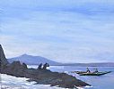 A COUPLE VIEW THE CURRACH FROM THE ROCKS AT DOWNINGS SEAFRONT by Sean Lorinyenko at Ross's Online Art Auctions