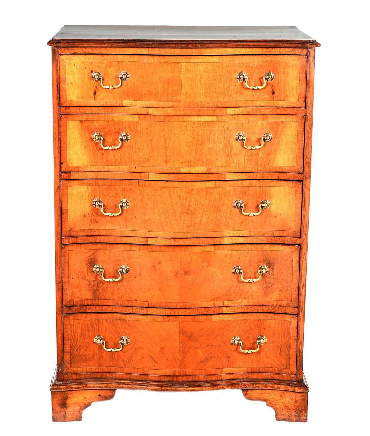 ANTIQUE CROSSBANDED WALNUT SERPENTINE FRONT CHEST at Ross's Online Art Auctions