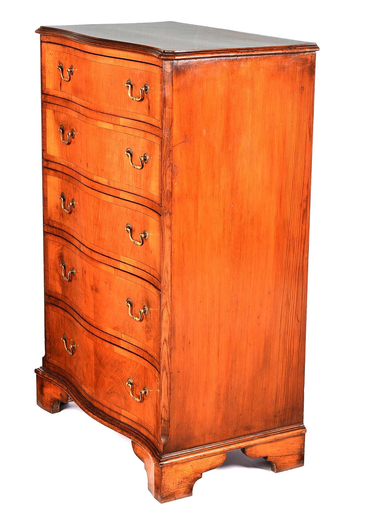 ANTIQUE CROSSBANDED WALNUT SERPENTINE FRONT CHEST at Ross's Online Art Auctions
