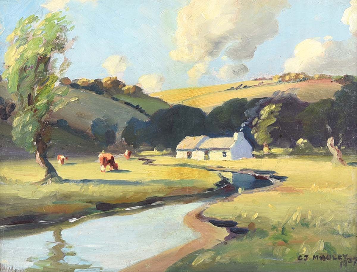 CATTLE GRAZING BY A RIVER IN THE GLENS by Charles McAuley at Ross's Online Art Auctions