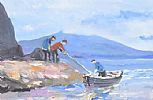 DOWNINGS FISHERMEN NEAR THE ROCKS AT DOWNINGS BEACH by Sean Lorinyenko at Ross's Online Art Auctions