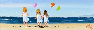 GIRLS WITH BALLONS ON THE BEACH by Michelle Carlin at Ross's Online Art Auctions