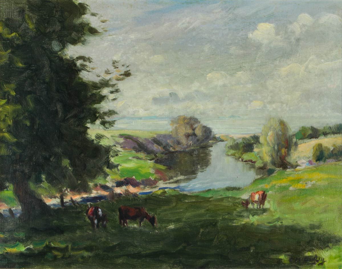 CATTLE GRAZING BY THE RIVER DAL by Charles McAuley at Ross's Online Art Auctions
